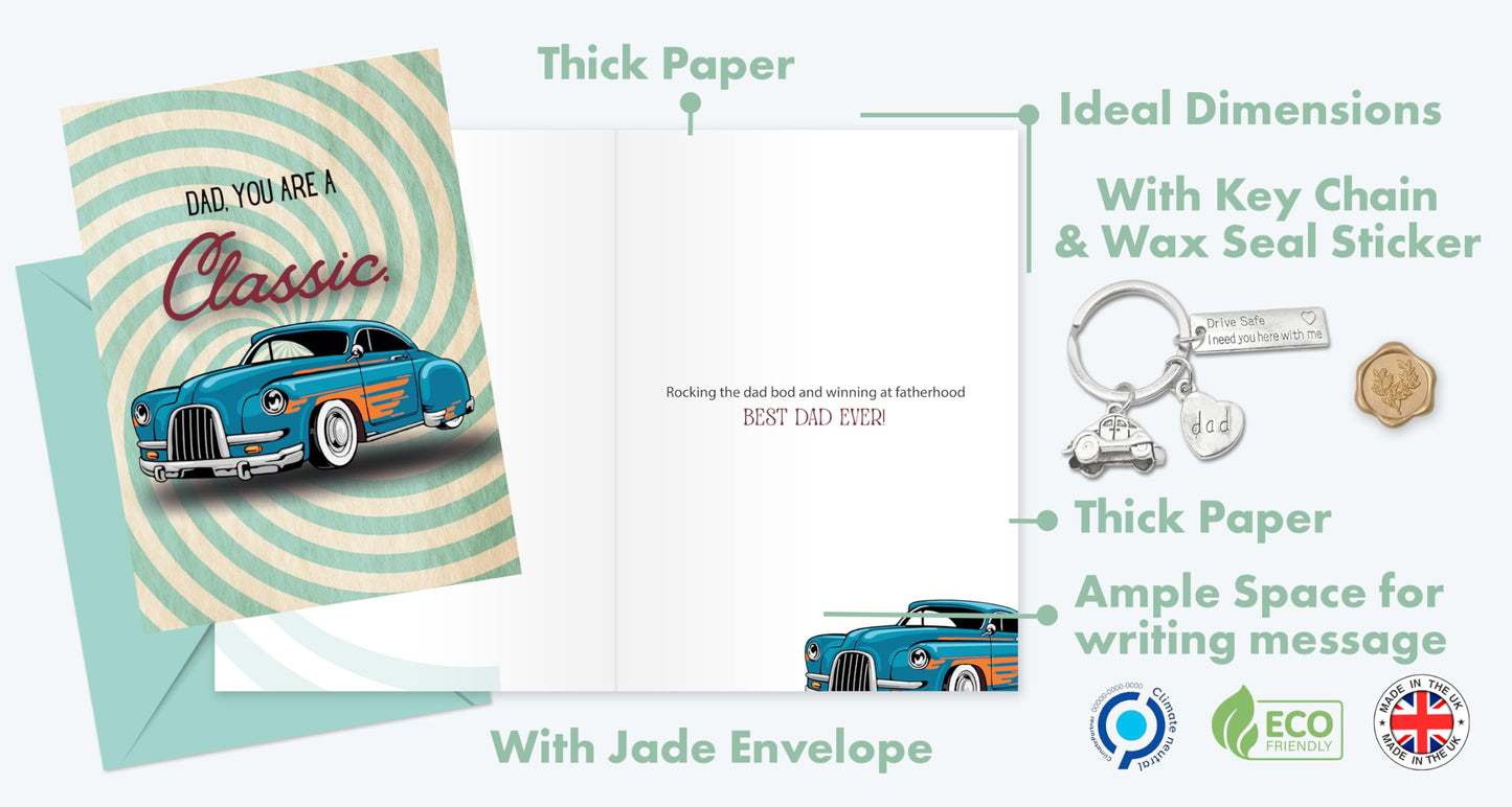 Giftinghouse Father's Day Card with Keyring and Luxury Wax Seal, Happy Fathers Day Card From Son, Daughter - Gift For Dad You're A Classic, Greeting Card from Kids - Made in UK