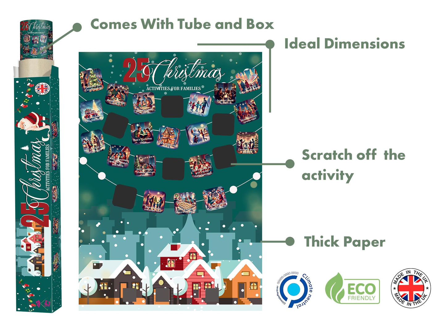 25 Christmas Activities for Families - A2 Size Christmas Scratch Off Poster - Perfect Christmas Eve Activities to Do Together with Family - Best Family Christmas Gifts for All Ages - Made in the UK