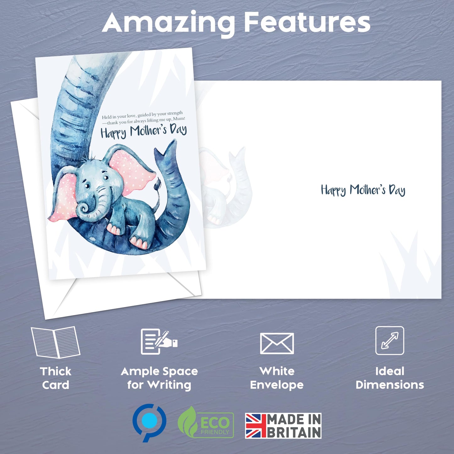 Mothers Day Card for Mum with Envelope | Cute Elephant Design | Happy Mother’s Day Card from Daughter or Son | 22x15.5 cm – Eco-Friendly 350 GSM - Made in the UK