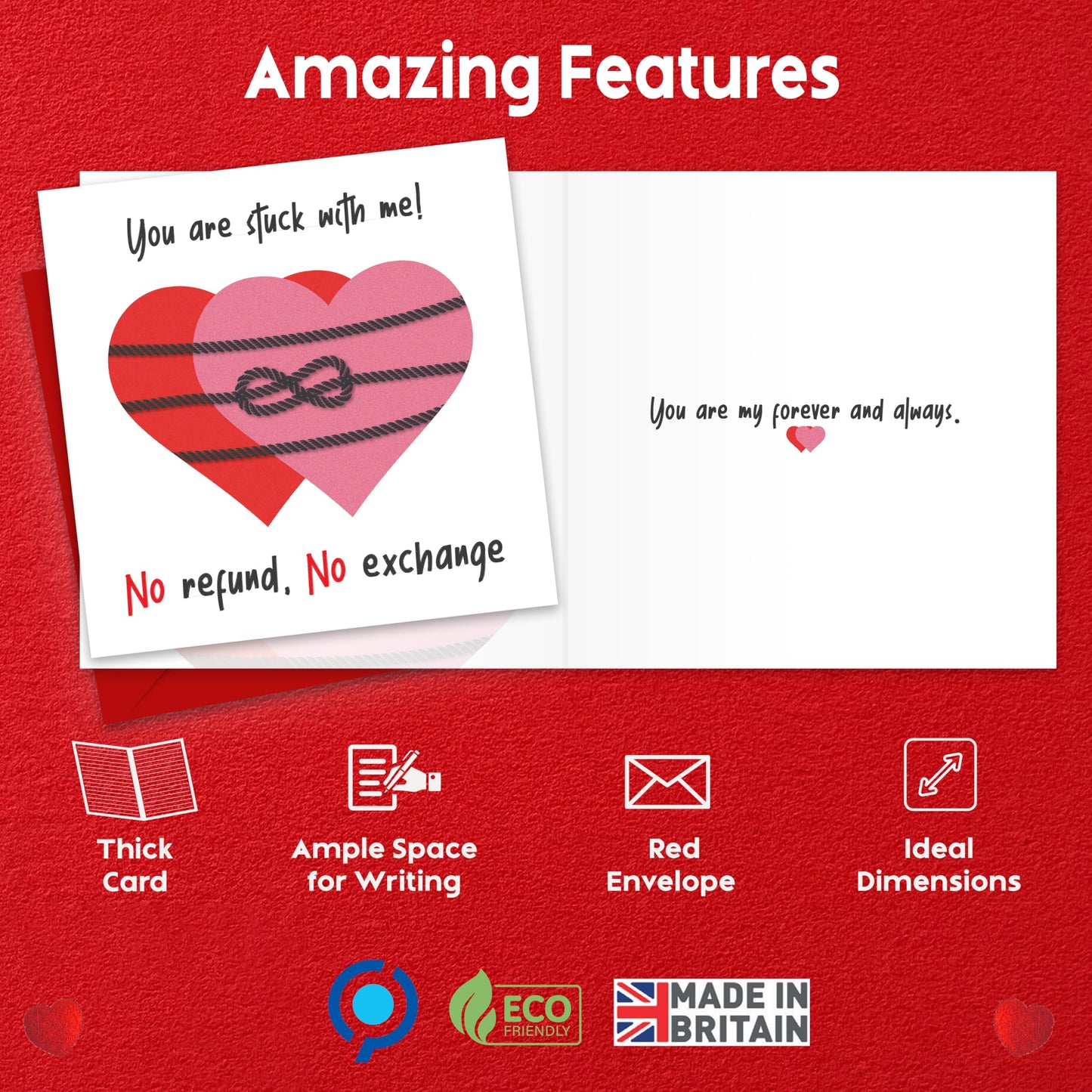 Funny Anniversary Card for Him/Her – "You Are Stuck with Me" – Eco-Friendly 150x150mm – Valentines Card for him, Valentines Card Wife, her, Husband, or Fiancé – Premium 350 GSM – Made in the UK