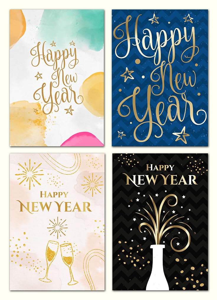 Giftinghouse 12 Happy New Year Cards 2025 packs - Gold Foil Greeting Cards Multipack with White Envelopes - Blank Inside Eco-Friendly Cards Set for friends and family.