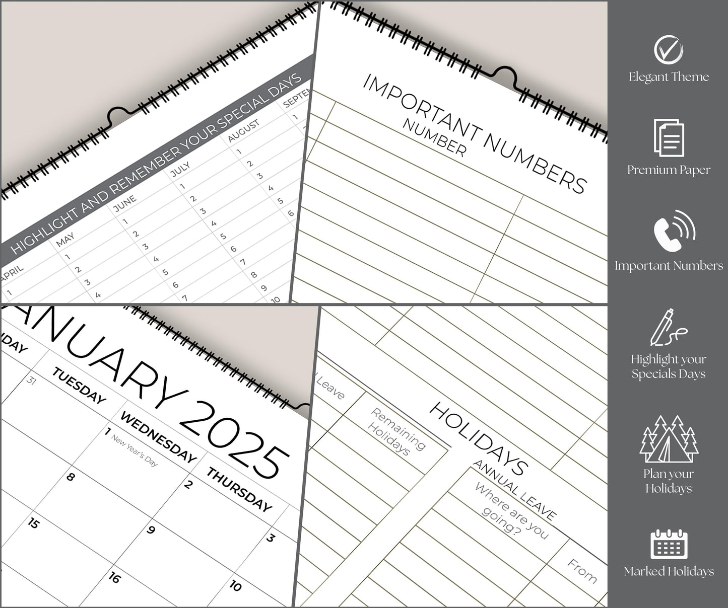 Wall Calendar 2025 - A4 2025 Calendar UK Month-to-View (Jan - Dec 2025) - Twin-Wire Binding, Hanging Hook - For Family planner, Office, Student - Made in the UK