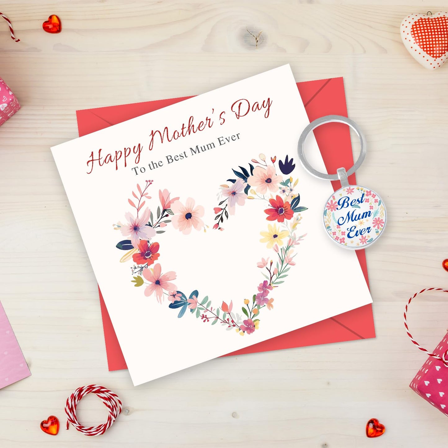 Giftinghouse Foiled Happy Mothers day card for mum with keyring and envelope - Flower design mother's day card from daughter, son - Mothers day gift set for grandma, nanny - MADE IN UK (Pack of 2)