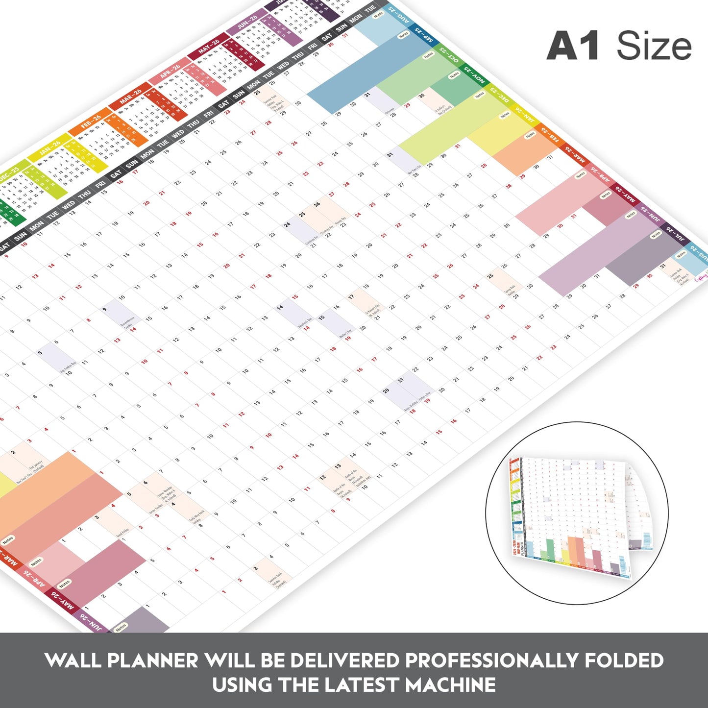 Academic Wall Planner 2025-2026 A1 Laminated – Wall Calendar from August 2025 to August 2026 – Large Size (85 x 59.4 cm) – 13 Months Mid Year Wall Planner 25/26 – Marked Holidays - Notes Space