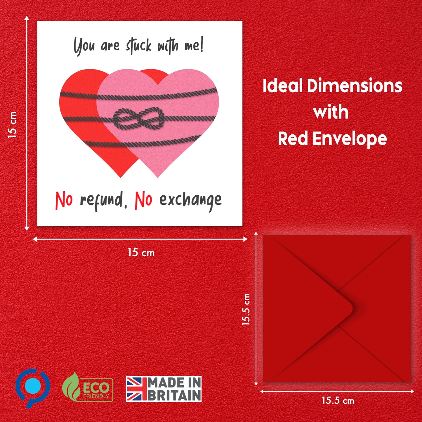 Funny Anniversary Card for Him/Her – "You Are Stuck with Me" – Eco-Friendly 150x150mm – Valentines Card for him, Valentines Card Wife, her, Husband, or Fiancé – Premium 350 GSM – Made in the UK