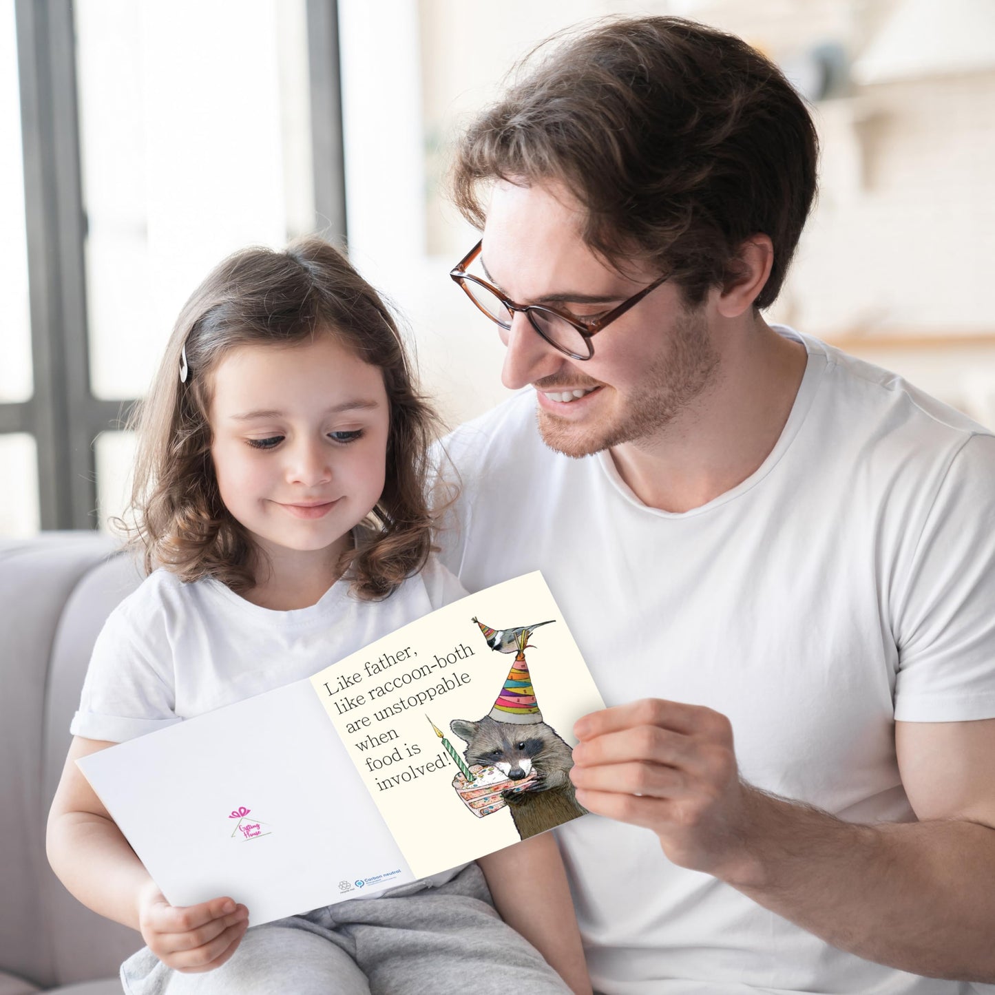 Funny Fathers Day Card from Daughter or Son – Like Father, Like Raccoon – Humorous Dad Birthday Card – 15x15cm Size with Inside Message – Made in the UK