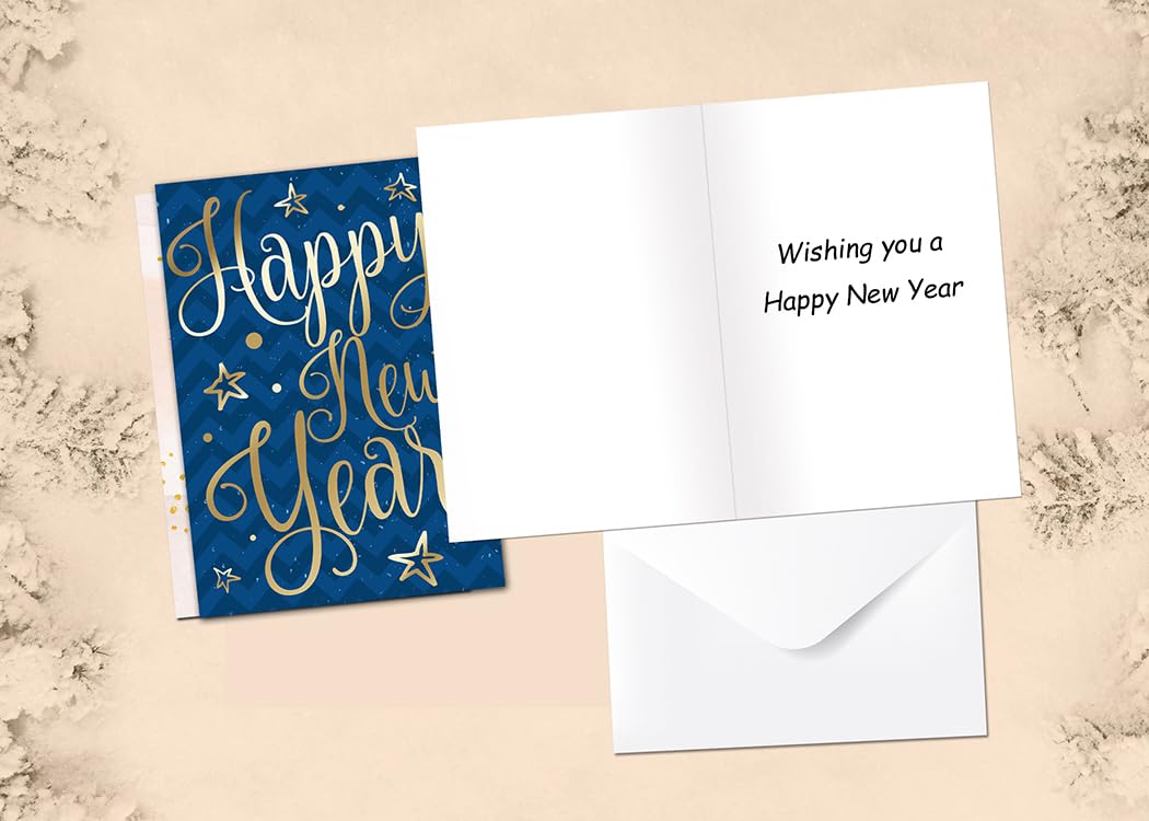 Giftinghouse 12 Happy New Year Cards 2025 packs - Gold Foil Greeting Cards Multipack with White Envelopes - Blank Inside Eco-Friendly Cards Set for friends and family.