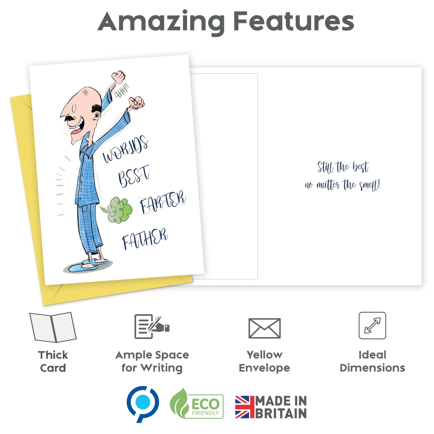 Funny Fathers Day Card from Son or Daughter – “World’s Best Farter” Joke – Humorous Dad Birthday Card – 18x13cm Size with Inside Message – Made in the UK
