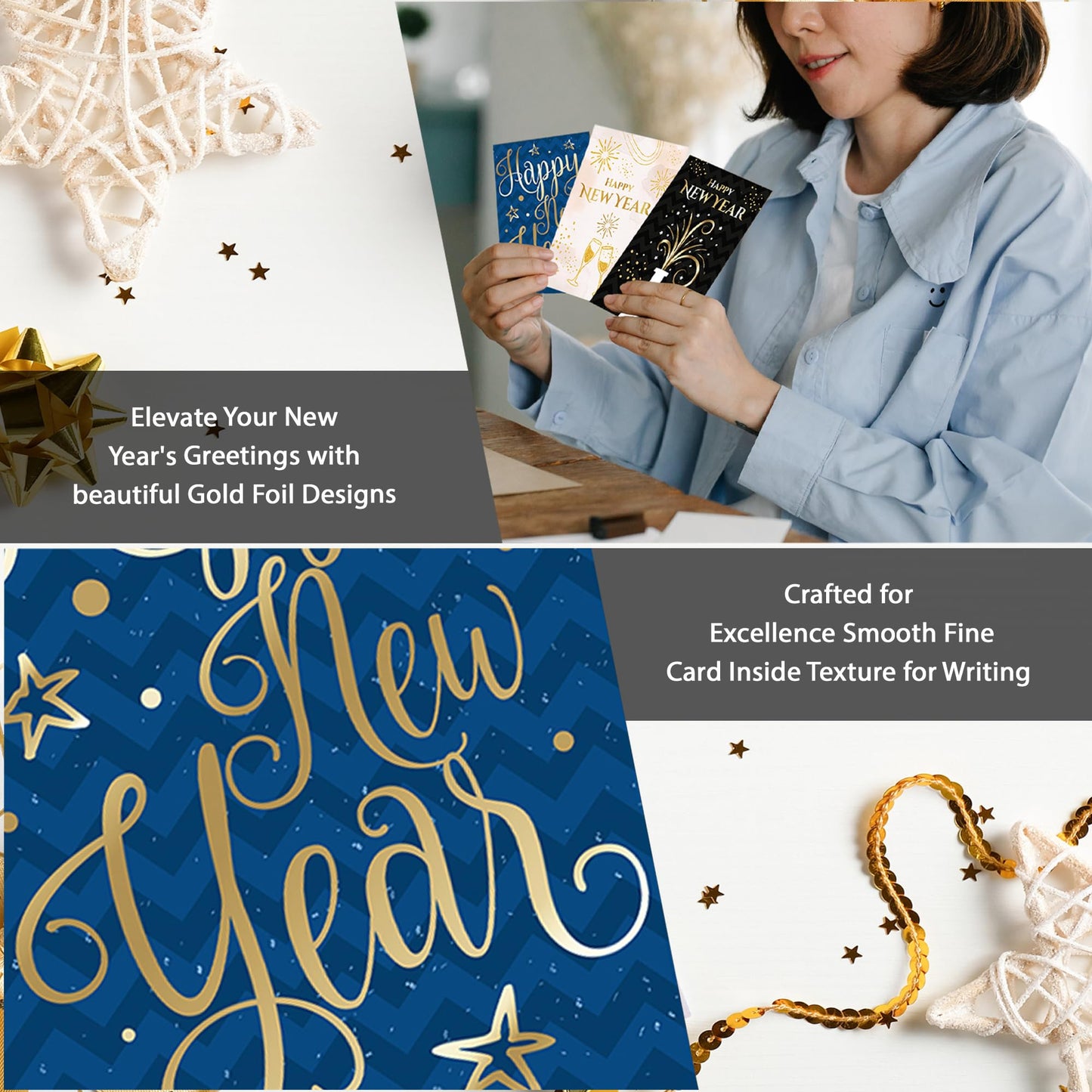 Giftinghouse 12 Happy New Year Cards 2025 packs - Gold Foil Greeting Cards Multipack with White Envelopes - Blank Inside Eco-Friendly Cards Set for friends and family.