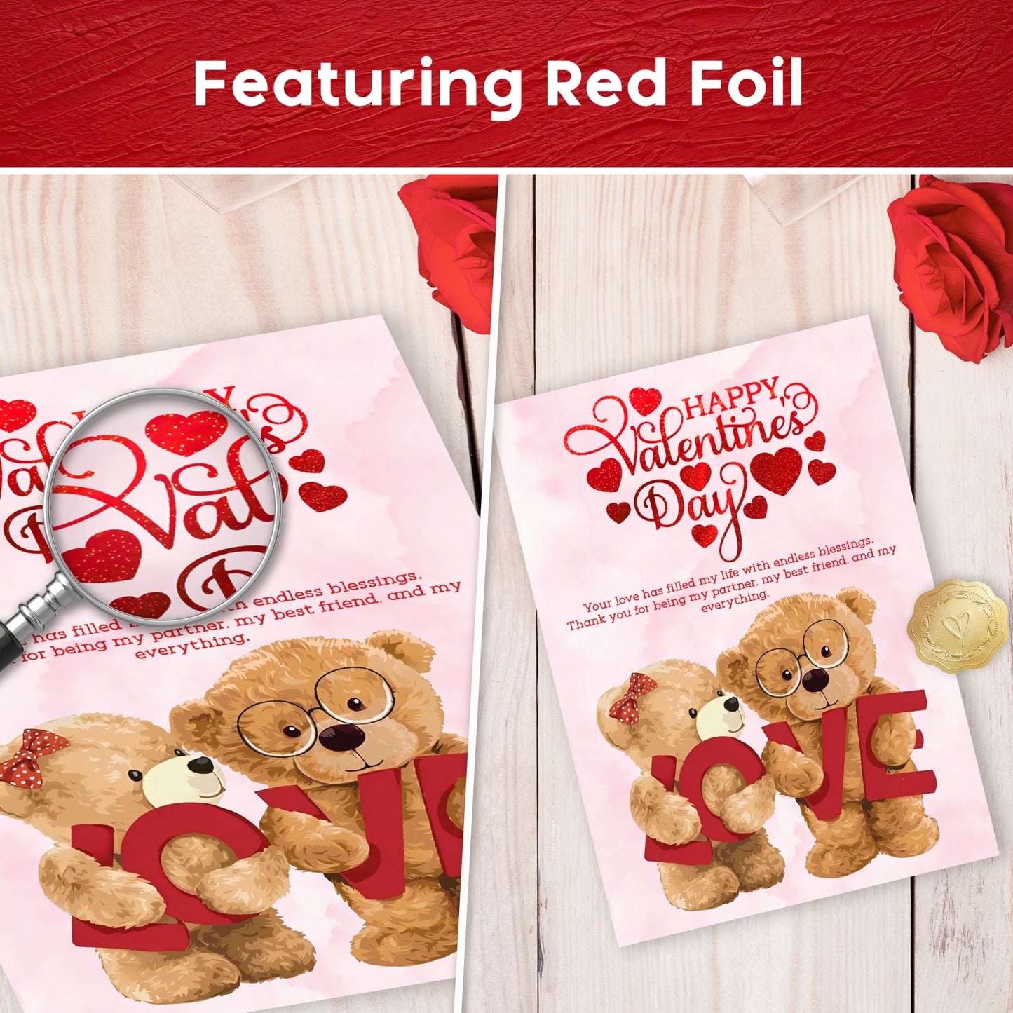 Happy Valentines Day Card – Cute Teddy Bear Design with Romantic Message – Red Foil Large Size card 22 x 15.5 cm – Valentines Card Wife, Valentines Card for Him, Her, Husband, or Fiancé – Premium 350