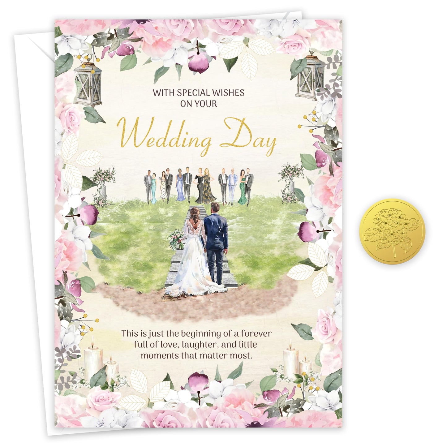 Wedding Card for Bride and Groom – Large 22 x 15.5cm – Wedding Day Card with Gold Foil Finish and Embossed Sticker – Elegant Floral Design with Inside Message – Made in the UK