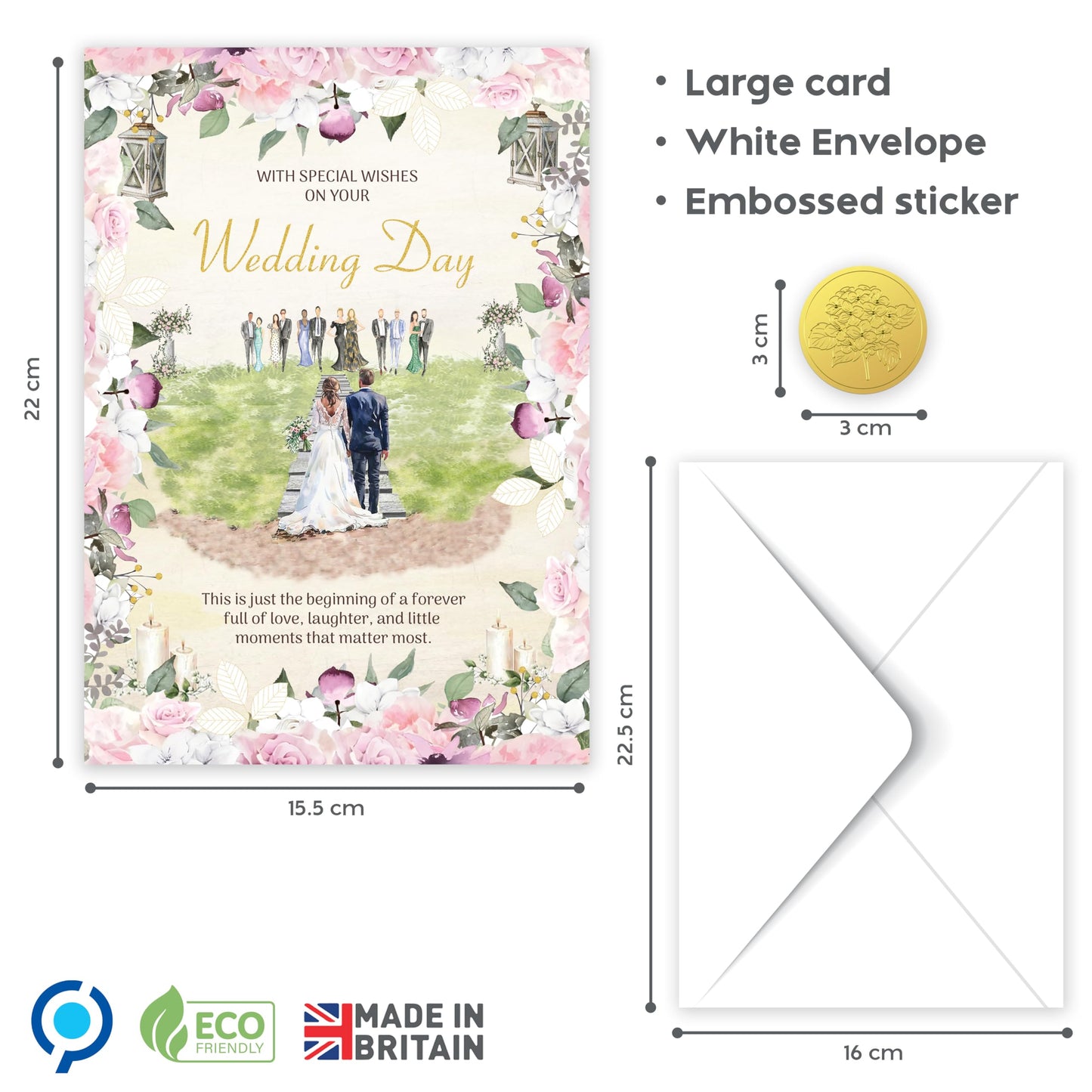 Wedding Card for Bride and Groom – Large 22 x 15.5cm – Wedding Day Card with Gold Foil Finish and Embossed Sticker – Elegant Floral Design with Inside Message – Made in the UK
