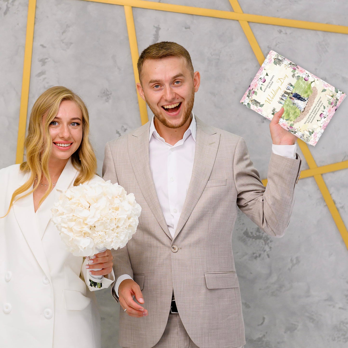 Wedding Card for Bride and Groom – Large 22 x 15.5cm – Wedding Day Card with Gold Foil Finish and Embossed Sticker – Elegant Floral Design with Inside Message – Made in the UK