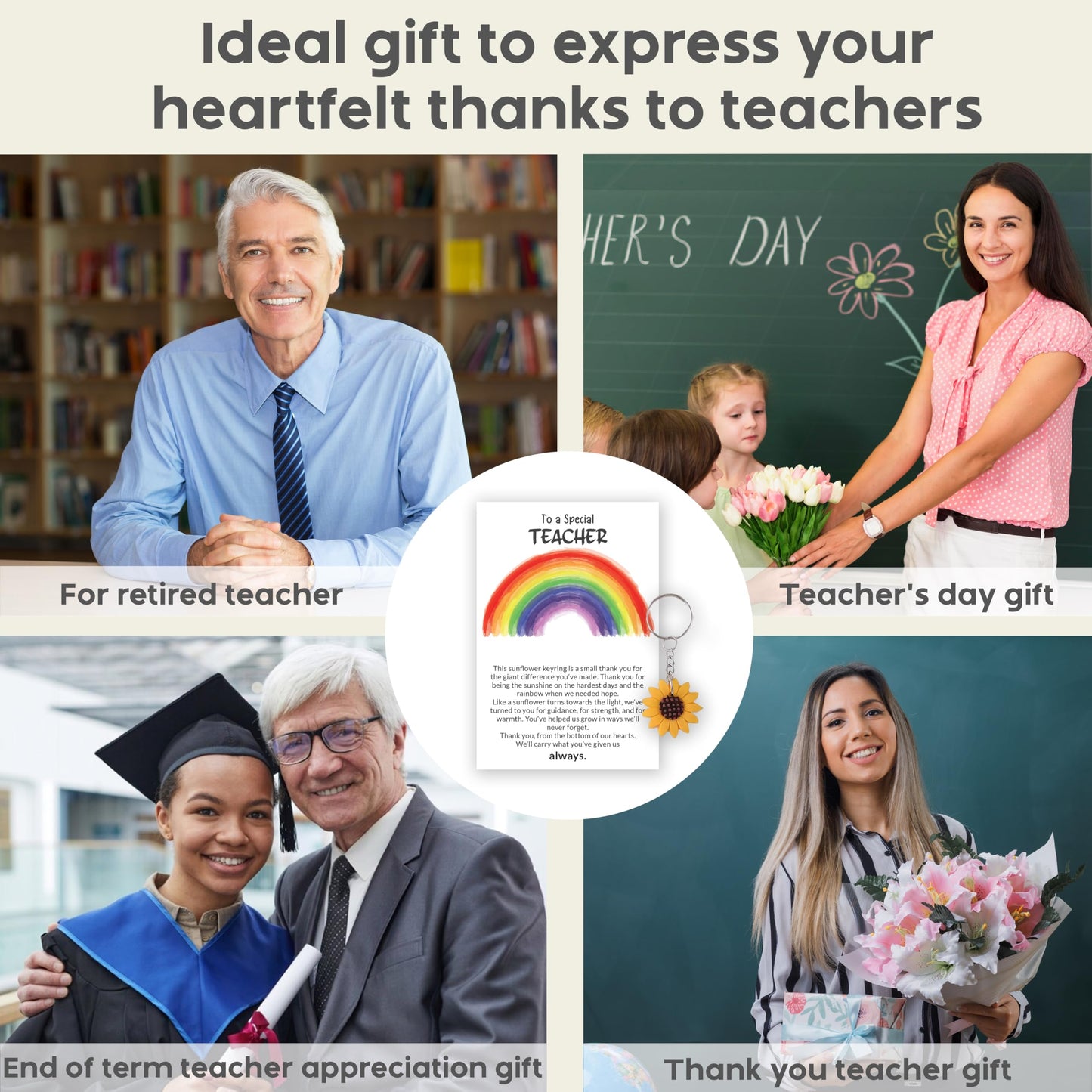 Thank You Teacher Gifts for Women & Men – 3 Pack of Teacher Thank You Card with Sunflower Keyring – End of the year, Leaving, Retirement Gift for Teachers – Rainbow Design – Made in the UK