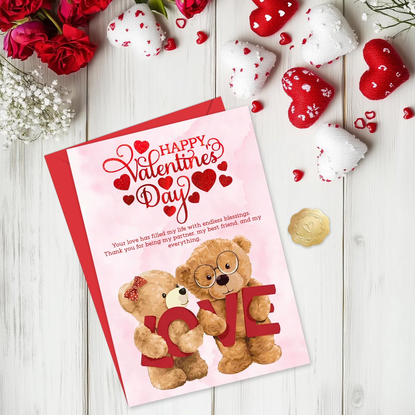 Happy Valentines Day Card – Cute Teddy Bear Design with Romantic Message – Red Foil Large Size card 22 x 15.5 cm – Valentines Card Wife, Valentines Card for Him, Her, Husband, or Fiancé – Premium 350