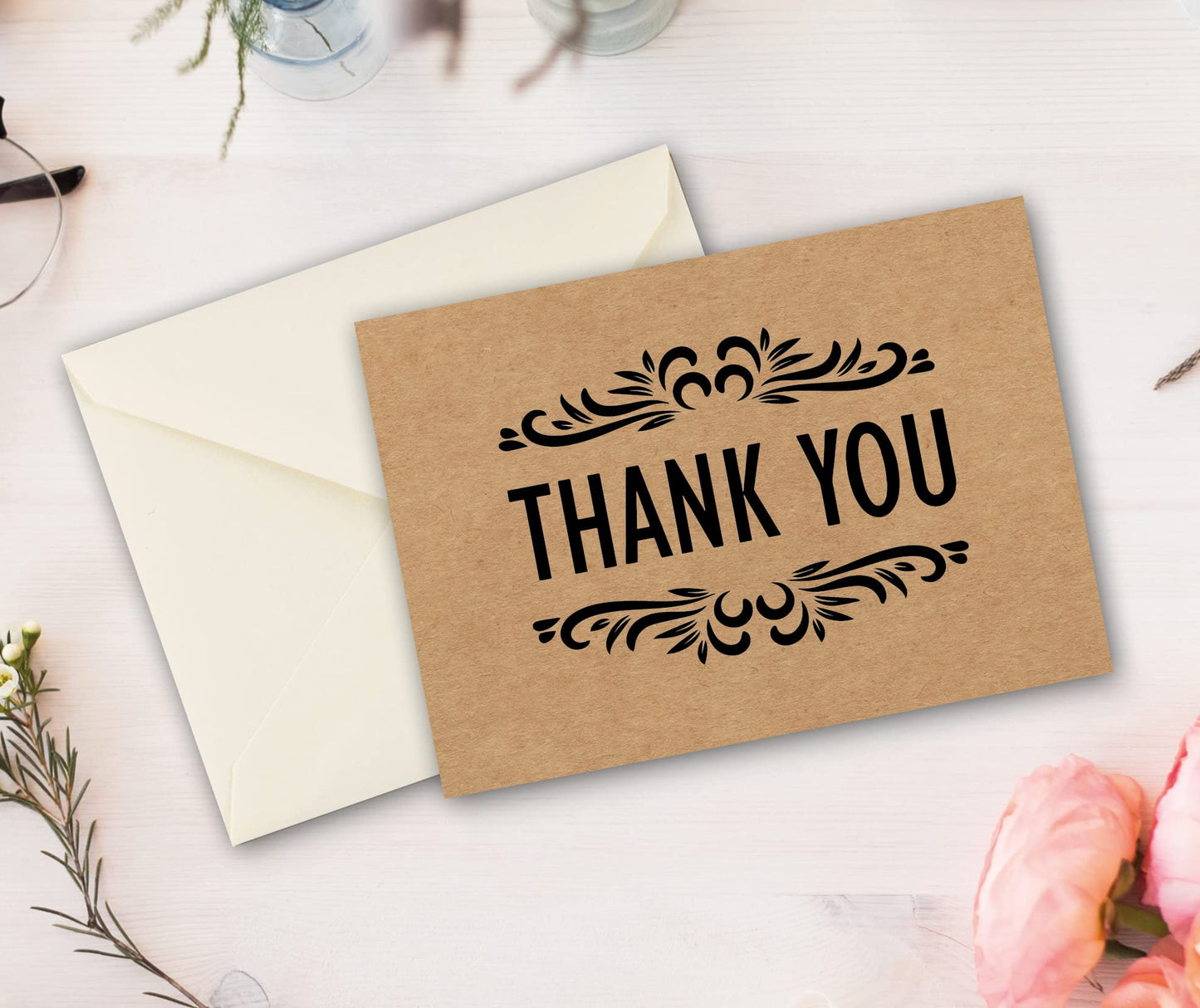 24/36 Thank You Cards Foiled Pack, Thank You Cards Multipack with envelopes and stickers for Christmas, Kids, Weddings, Graduation, Ivory coloured Paper envelopes, Kraft greeting cards are 150 X 100mm by Giftinghouse.
