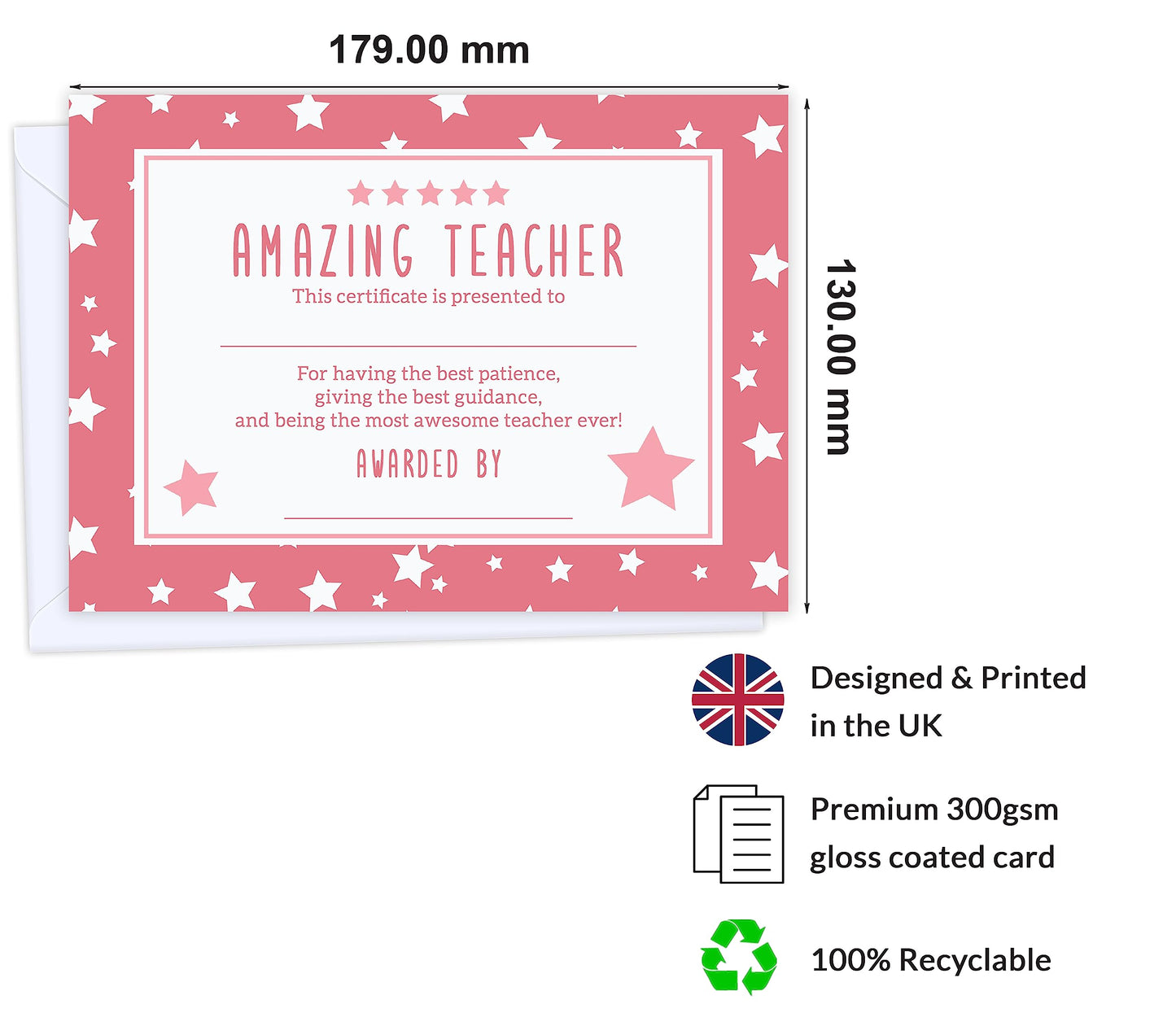 1/6 Premium Thank You Teacher Cards - Certificate for Amazing Teacher- Women Men Appreciation - Leaving Presents for Best, Nursery Teacher