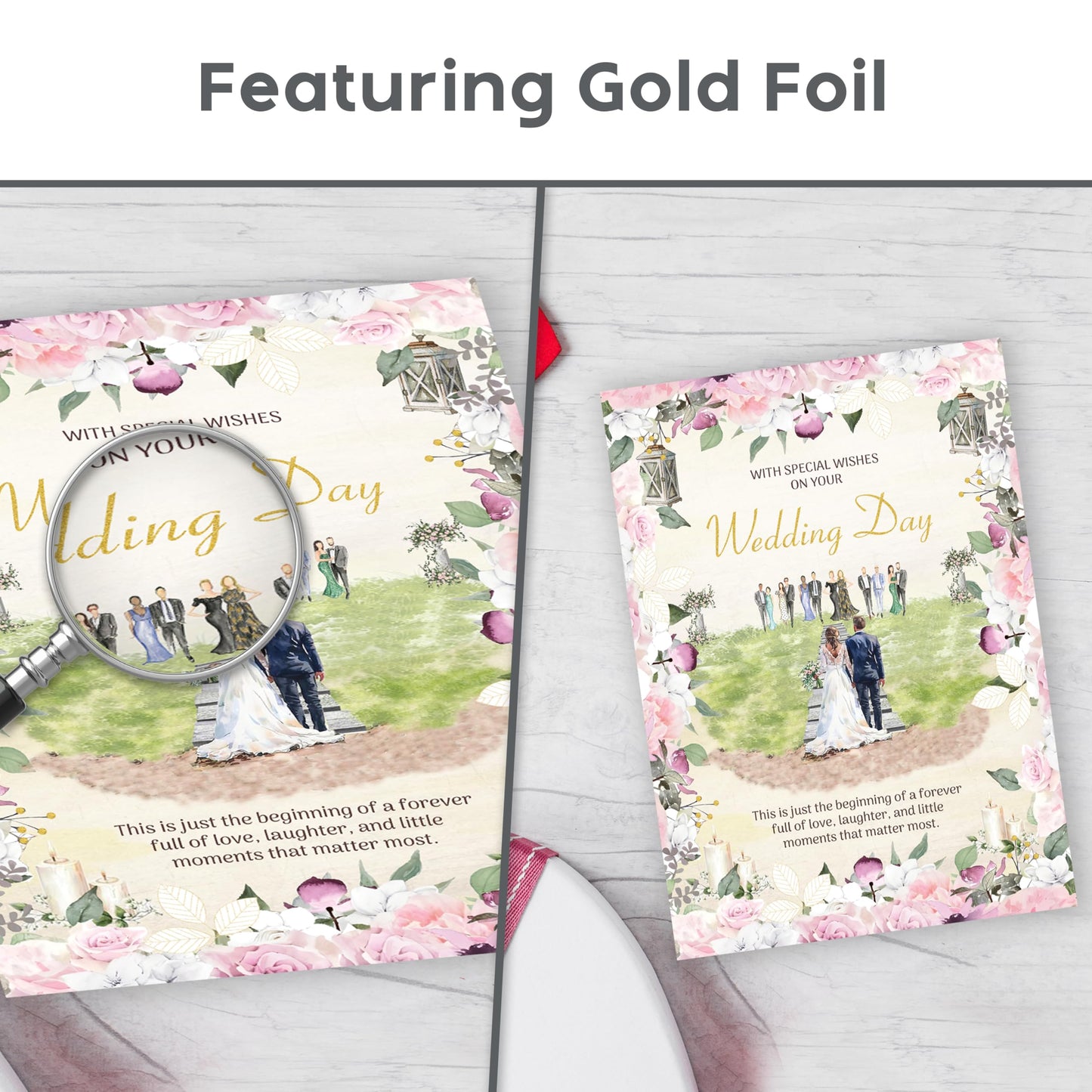 Wedding Card for Bride and Groom – Large 22 x 15.5cm – Wedding Day Card with Gold Foil Finish and Embossed Sticker – Elegant Floral Design with Inside Message – Made in the UK