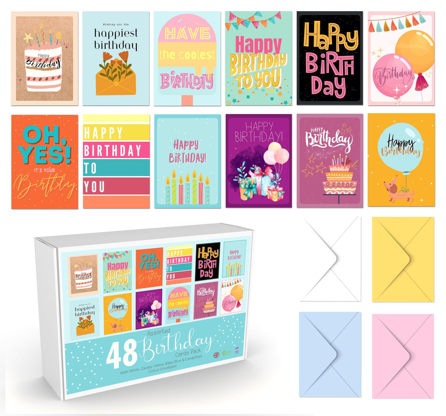 Giftinghouse Birthday Cards Multipack With Multi Coloured Envelopes, Pack of 24/48 Assorted Designs Ecofriendly Birthday cards for Women, Men & kids -Bulk Happy Birthday Notes β Made in UK.