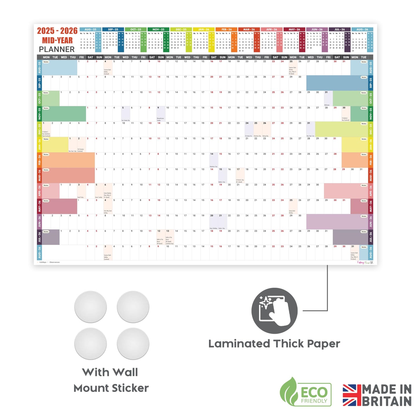 Academic Wall Planner 2025-2026 A1 Laminated – Wall Calendar from August 2025 to August 2026 – Large Size (85 x 59.4 cm) – 13 Months Mid Year Wall Planner 25/26 – Marked Holidays - Notes Space