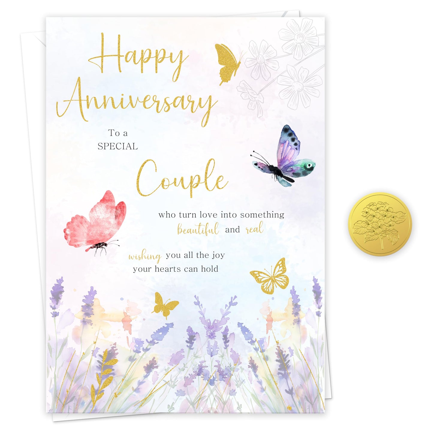 Happy Anniversary Card for Couple – Elegant Gold Foil Butterfly Design with Sticker – Large 22 x 15.5 cm with Inside Message – Wedding Anniversary Card for a Special Couple – Made in the UK