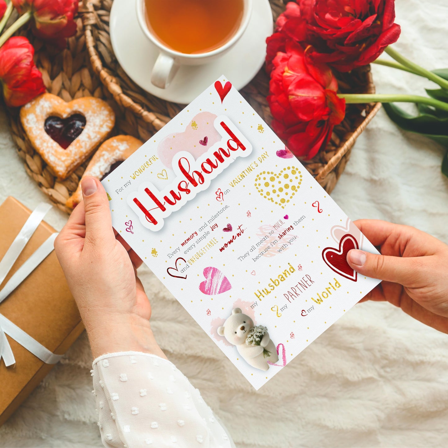 Husband Valentines Day Card with Luxury Wax Seal ā Elegant Gold and Red Foil Card "For My Wonderful Husband" ā Large 22x15.5 cm ā Valentines Card for Him - Valentines Card for Husband ā 350 GSM