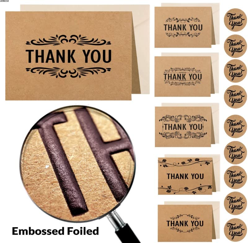 24/36 Thank You Cards Foiled Pack, Thank You Cards Multipack with envelopes and stickers for Christmas, Kids, Weddings, Graduation, Ivory coloured Paper envelopes, Kraft greeting cards are 150 X 100mm by Giftinghouse.