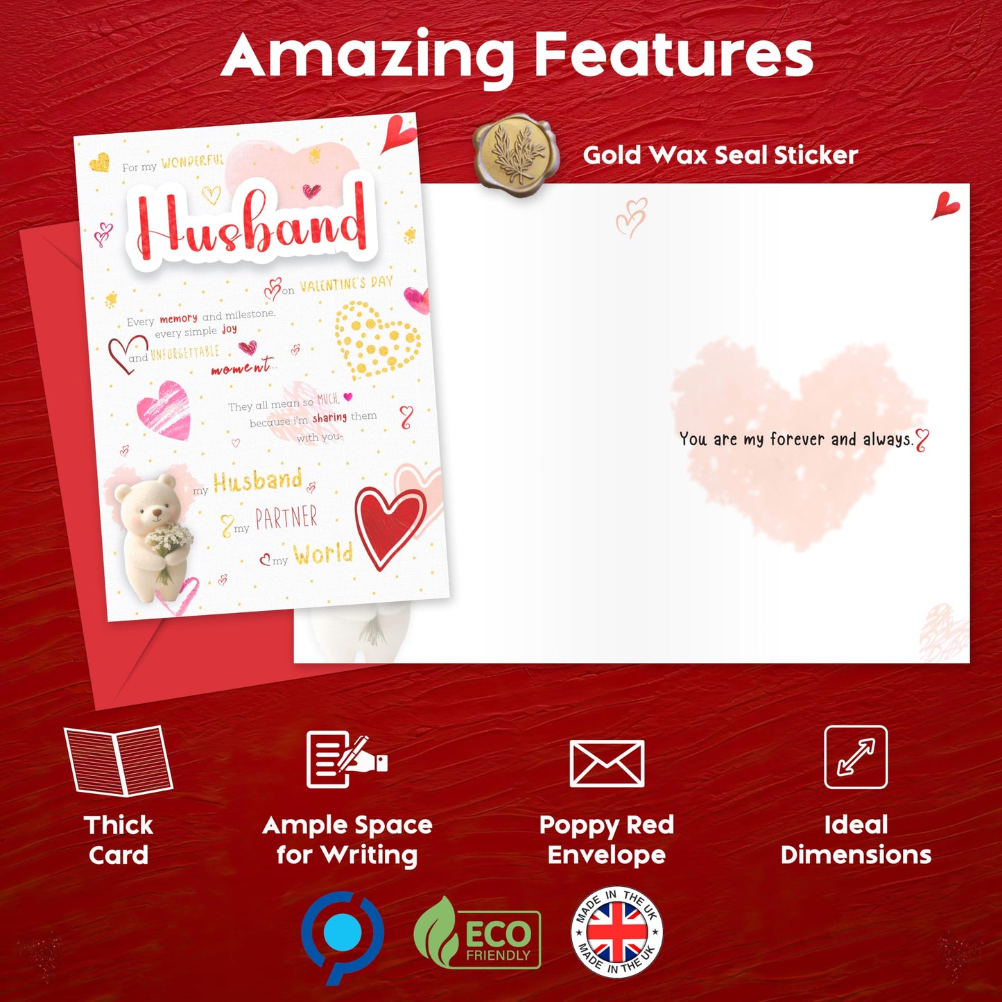 Husband Valentines Day Card with Luxury Wax Seal ā Elegant Gold and Red Foil Card "For My Wonderful Husband" ā Large 22x15.5 cm ā Valentines Card for Him - Valentines Card for Husband ā 350 GSM