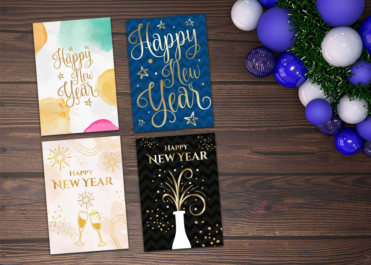 Giftinghouse 12 Happy New Year Cards 2025 packs - Gold Foil Greeting Cards Multipack with White Envelopes - Blank Inside Eco-Friendly Cards Set for friends and family.