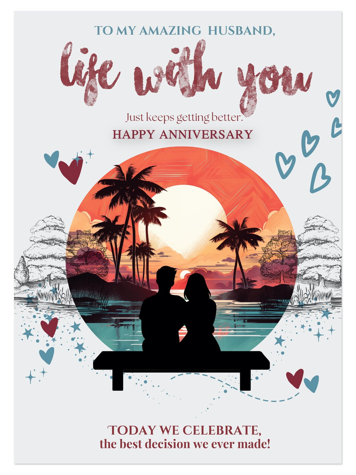 Happy Anniversary Card for Husband with Envelope, Traditional Design Husband Anniversary Card from Wife, Eco-friendly Wedding Anniversary Card for him - Made in UK
