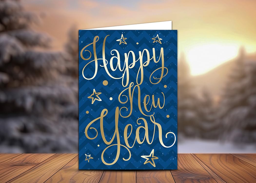 Giftinghouse 12 Happy New Year Cards 2025 packs - Gold Foil Greeting Cards Multipack with White Envelopes - Blank Inside Eco-Friendly Cards Set for friends and family.