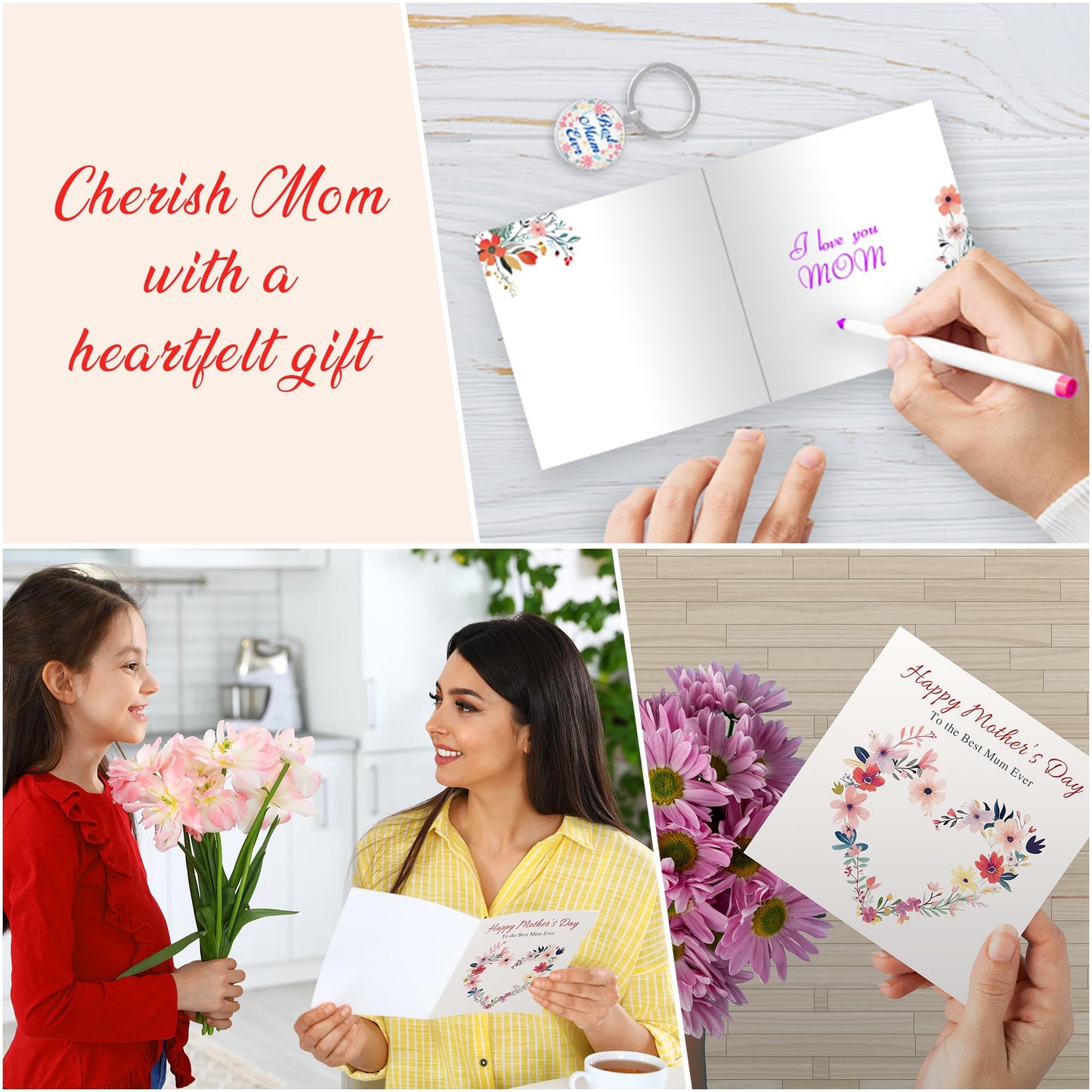 Giftinghouse Foiled Happy Mothers day card for mum with keyring and envelope - Flower design mother's day card from daughter, son - Mothers day gift set for grandma, nanny - MADE IN UK (Pack of 2)