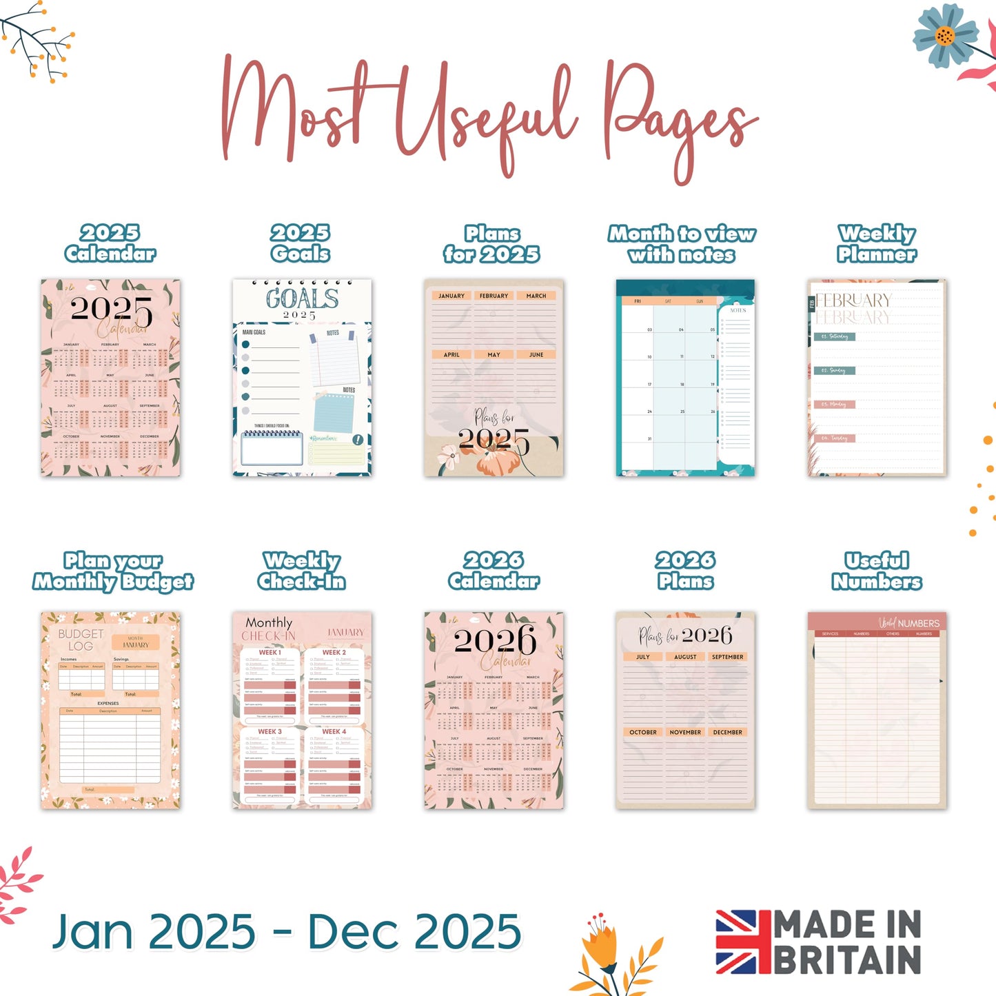 Giftinghouse 2025 Diary A5 Week to View – Glossy Front Round Corners From Jan to Dec 2025 - Diary 2025 with Matching Box - Floral Design, Pocket and Pen Loop. - 15.5 x 21.5 cm