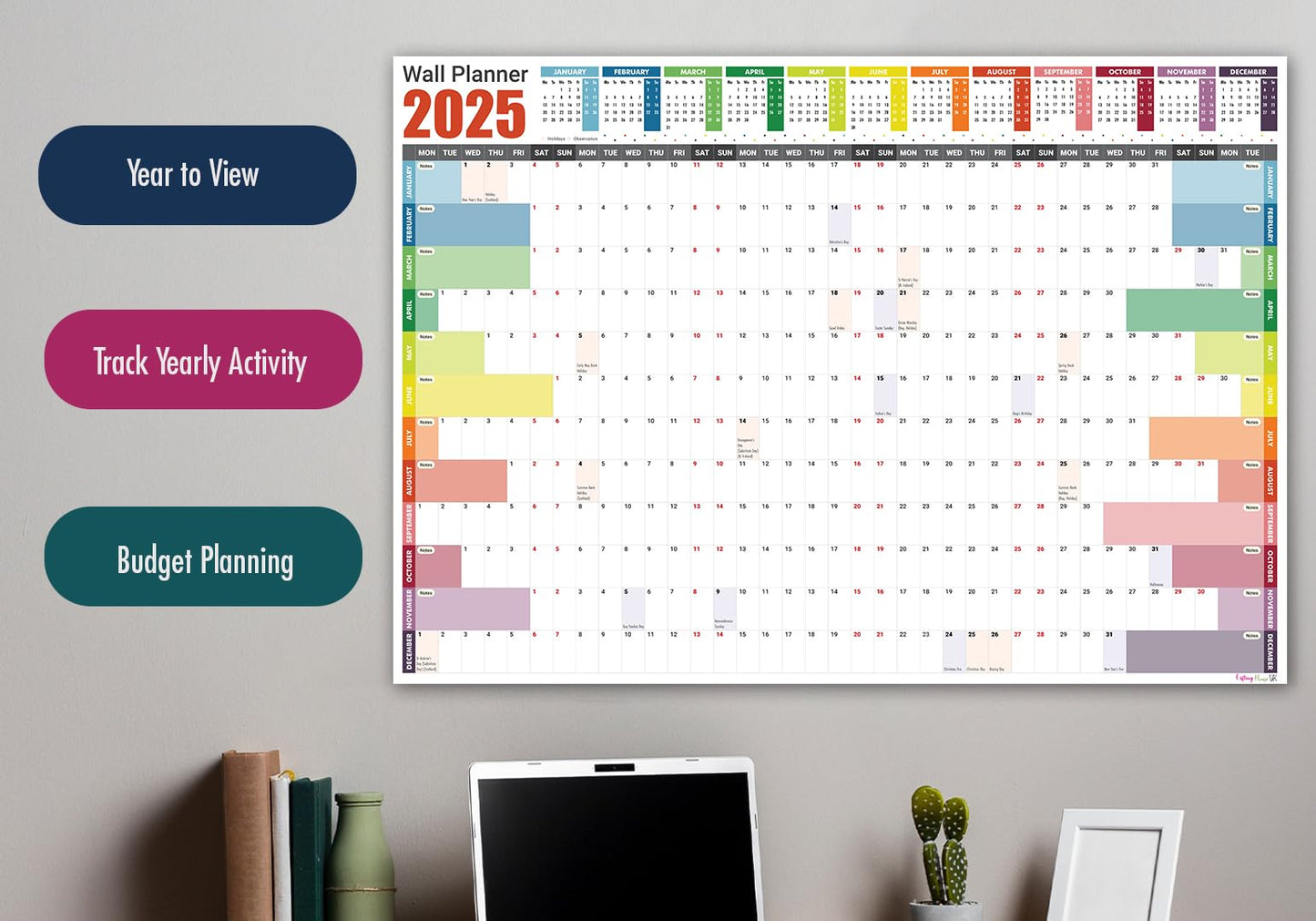Giftinghouse 2025 Wall Planner A1 Laminated - Full Year Wall Planner 2025 UK - Wall Calendar 2025 with mount stickers for academic, office, home and school by (59.4 x 84.1 cm) - A1 size.