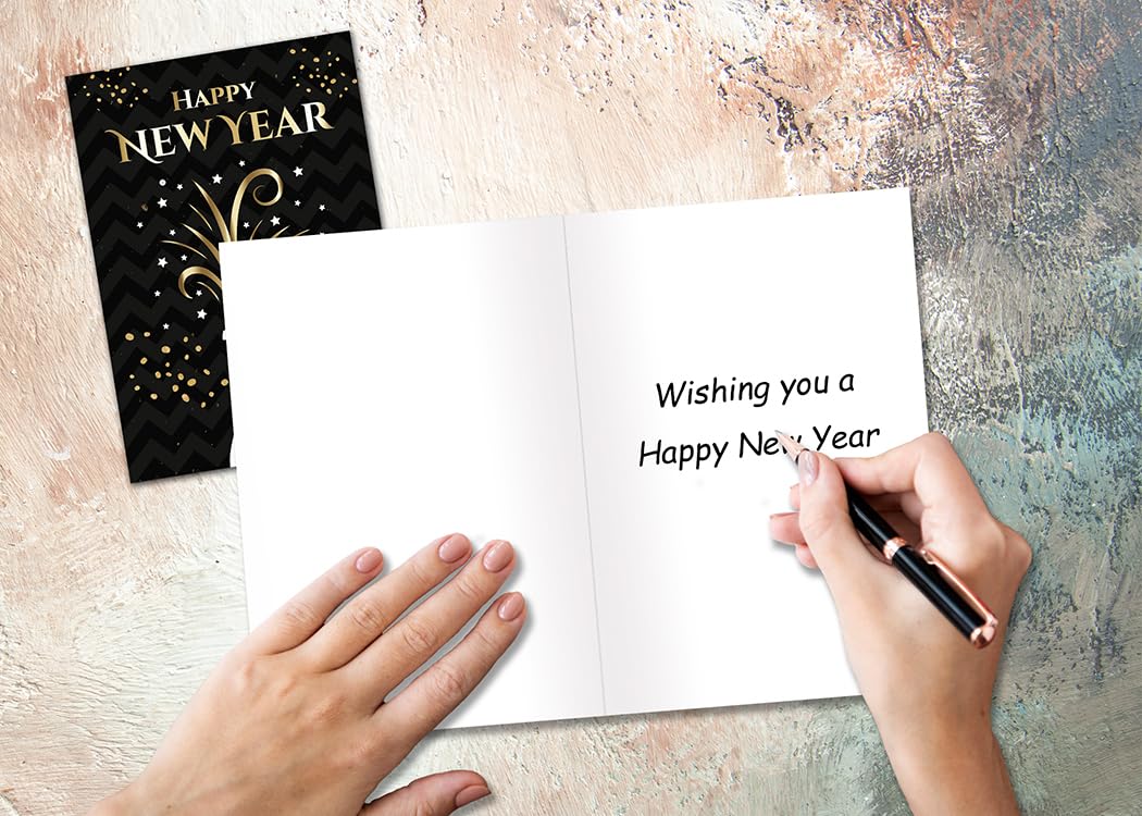 Giftinghouse 12 Happy New Year Cards 2025 packs - Gold Foil Greeting Cards Multipack with White Envelopes - Blank Inside Eco-Friendly Cards Set for friends and family.