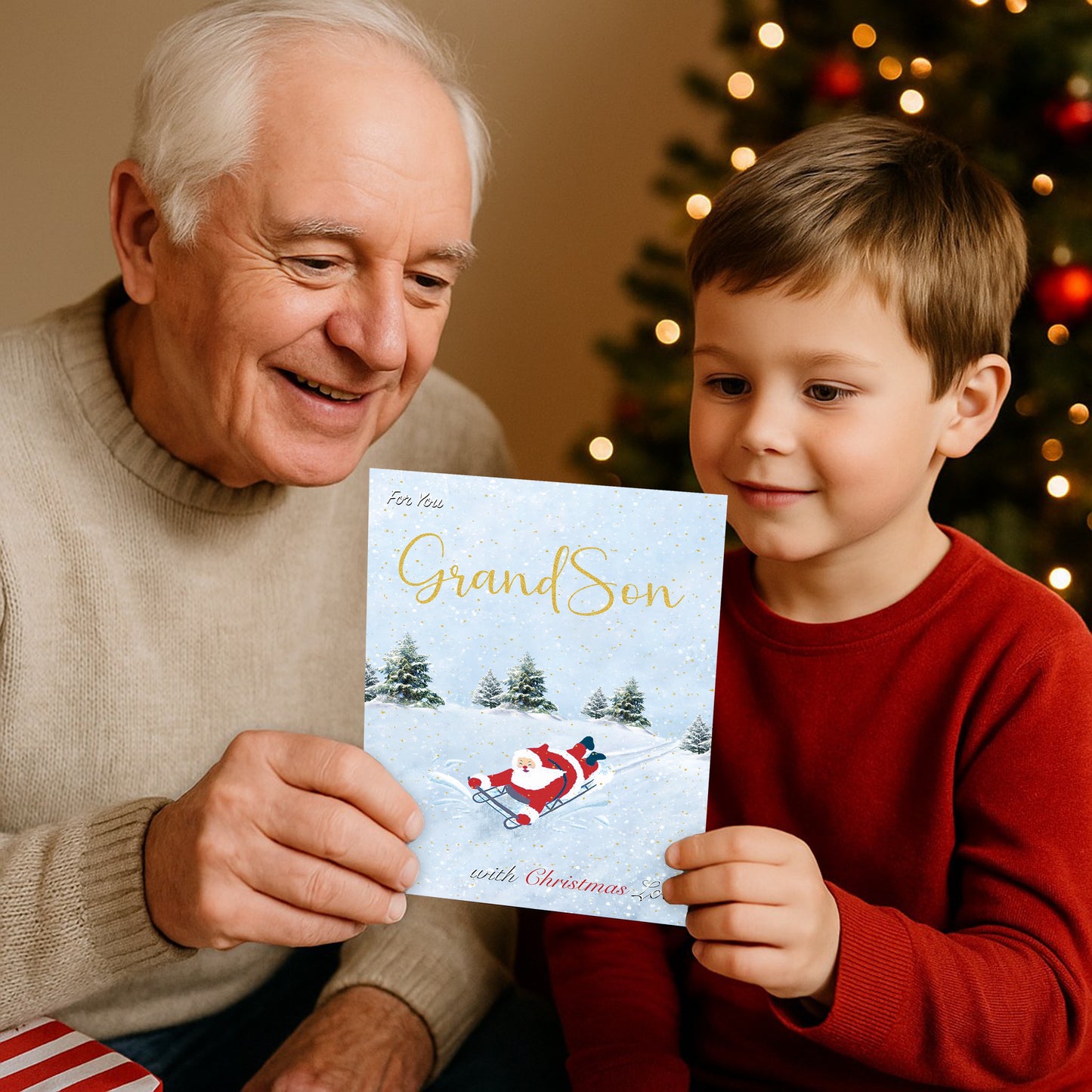 Grandson Christmas Card for Boys – Fun Sledging & Snowman Xmas Design – 22 x 15.5 cm – Eco-Friendly Christmas Card Grandson – Inside Message – Made in the UK