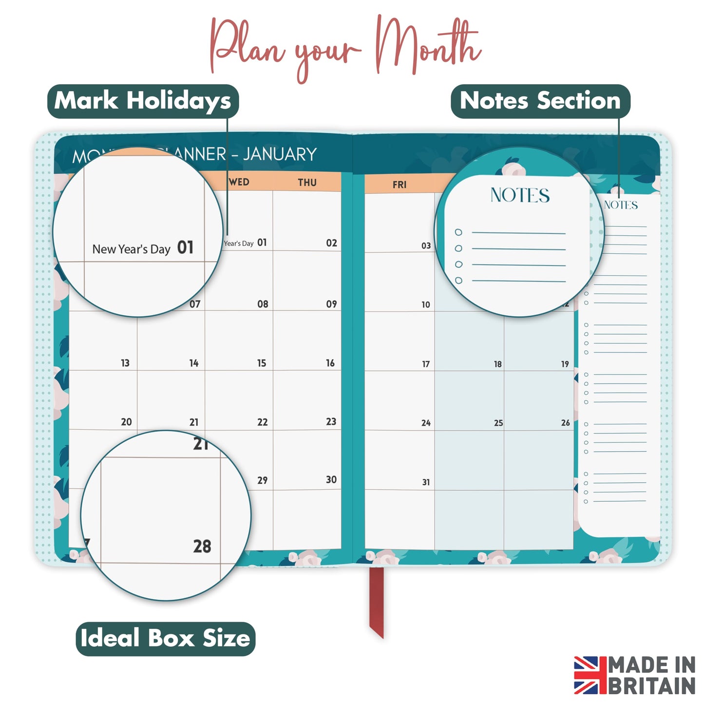 Giftinghouse 2025 Diary A5 Week to View – Glossy Front Round Corners From Jan to Dec 2025 - Diary 2025 with Matching Box - Floral Design, Pocket and Pen Loop. - 15.5 x 21.5 cm