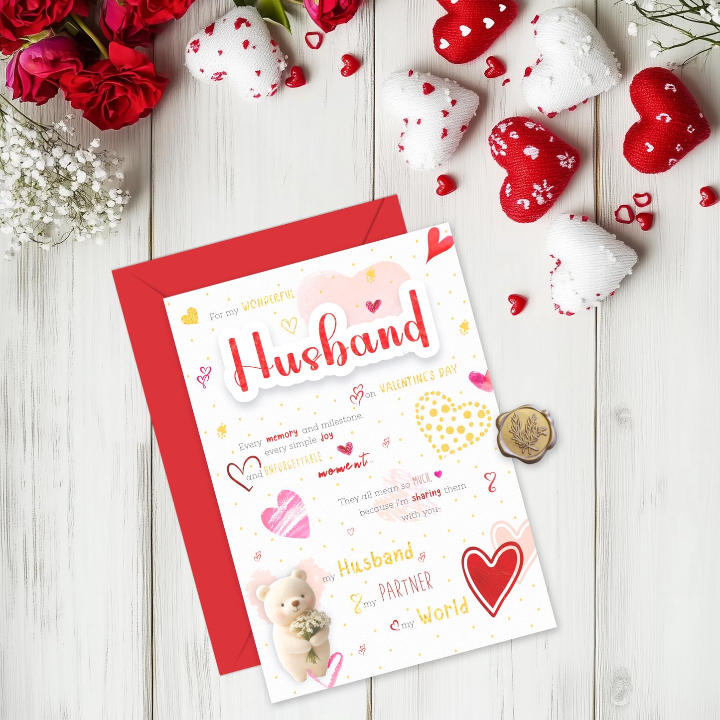 Husband Valentines Day Card with Luxury Wax Seal ā Elegant Gold and Red Foil Card "For My Wonderful Husband" ā Large 22x15.5 cm ā Valentines Card for Him - Valentines Card for Husband ā 350 GSM