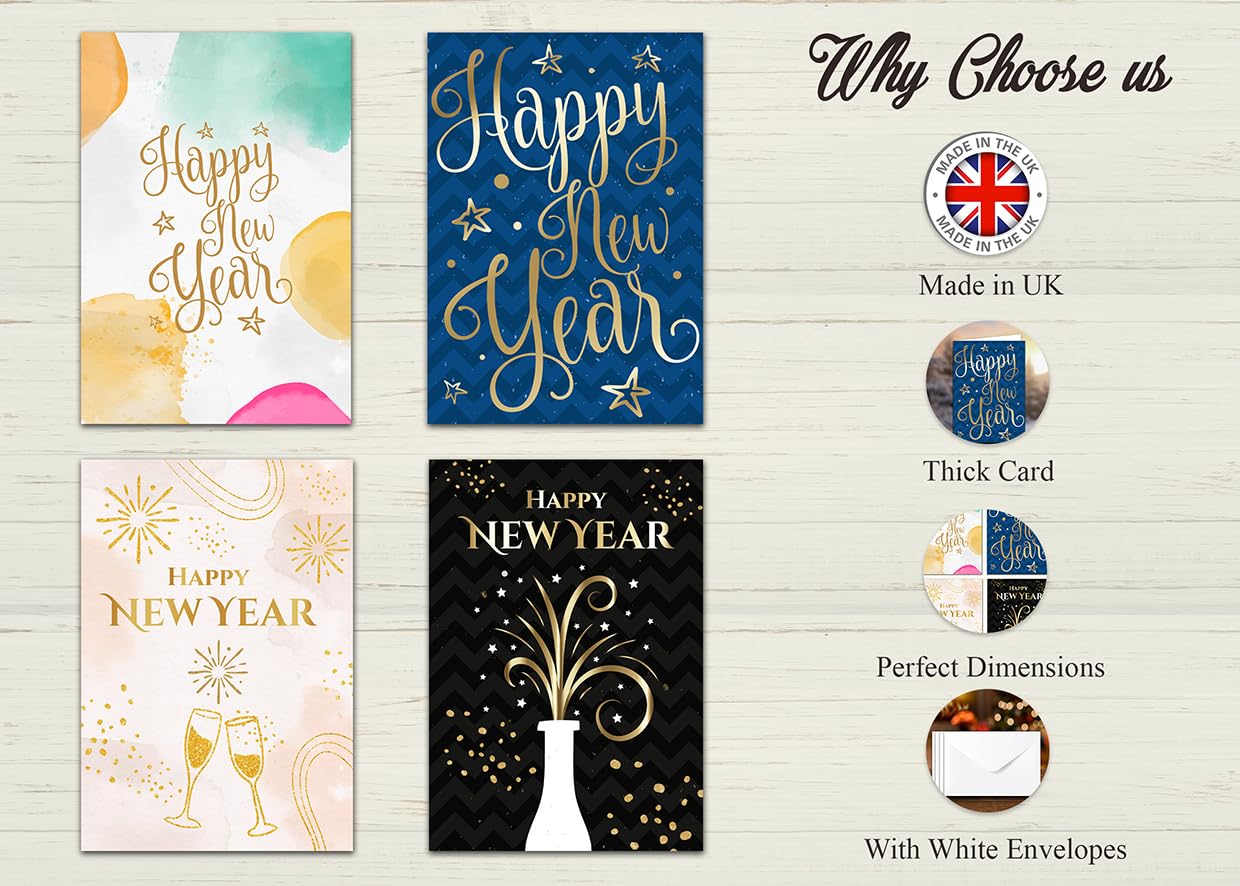 Giftinghouse 12 Happy New Year Cards 2025 packs - Gold Foil Greeting Cards Multipack with White Envelopes - Blank Inside Eco-Friendly Cards Set for friends and family.