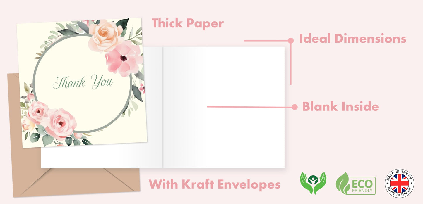 Giftinghouse Thank You Cards Multipack with Envelopes - Pack of 12/24/48 Floral Thank You Greeting Cards For Wedding, Teachers, Kids - Eco-friendly - MADE IN UK.