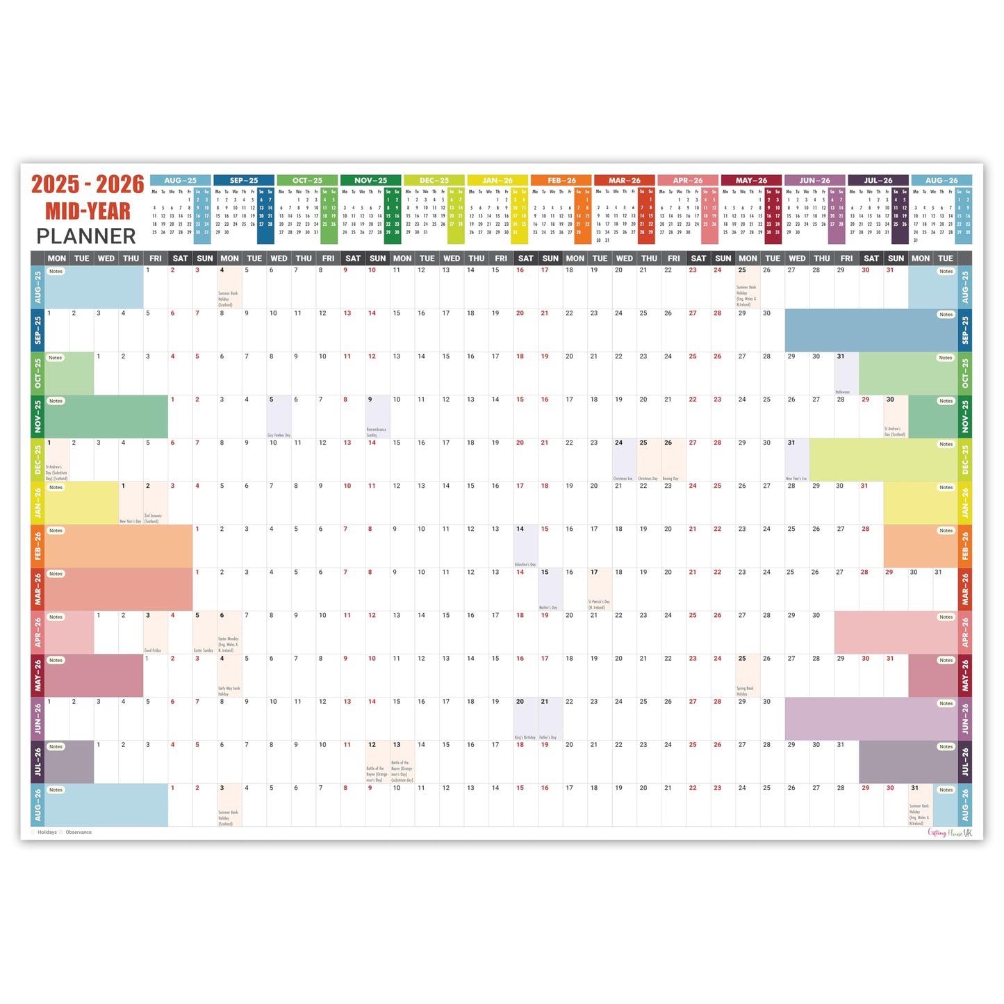 Academic Wall Planner 2025-2026 A1 Laminated – Wall Calendar from August 2025 to August 2026 – Large Size (85 x 59.4 cm) – 13 Months Mid Year Wall Planner 25/26 – Marked Holidays - Notes Space