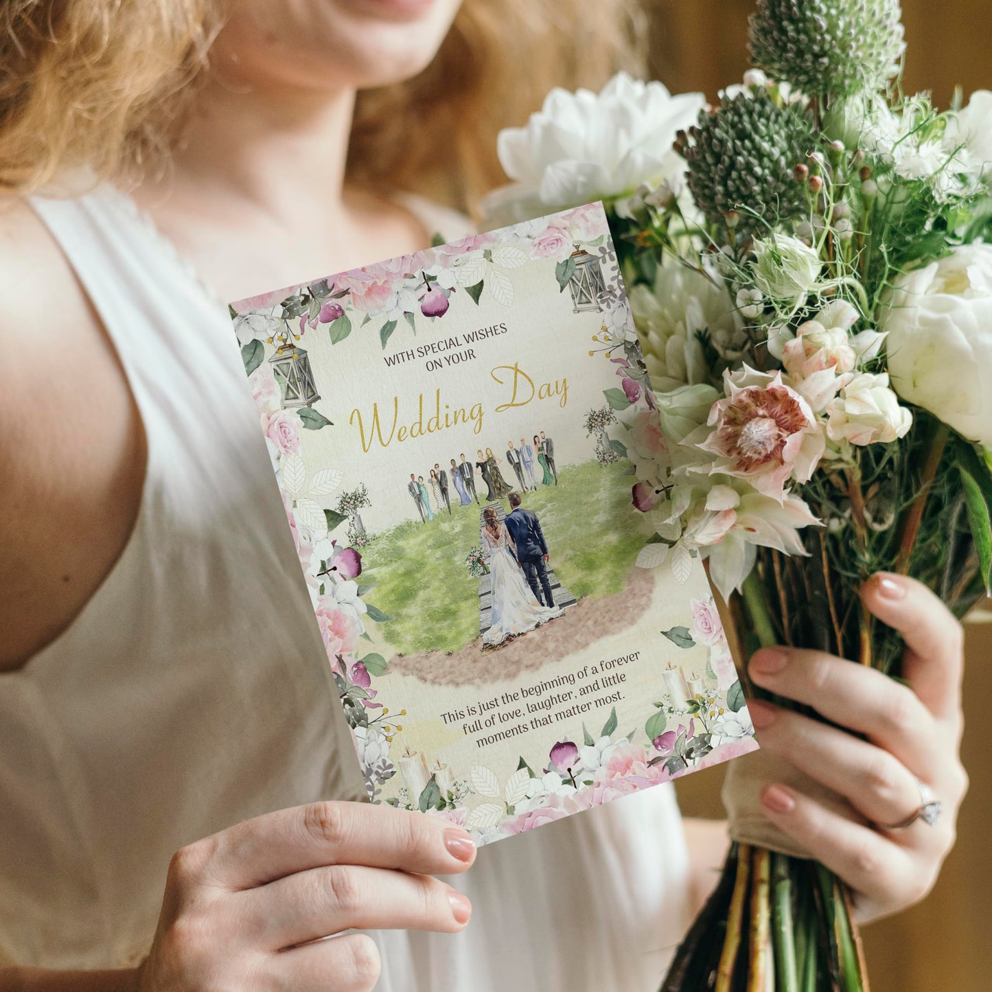 Wedding Card for Bride and Groom – Large 22 x 15.5cm – Wedding Day Card with Gold Foil Finish and Embossed Sticker – Elegant Floral Design with Inside Message – Made in the UK