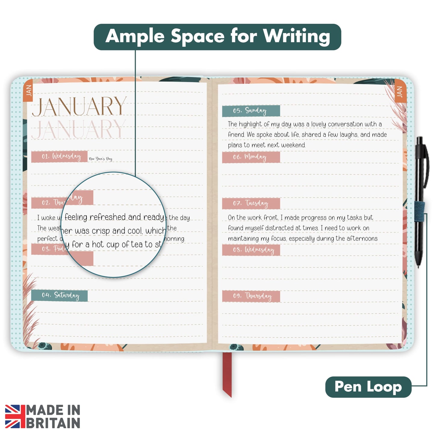 Giftinghouse 2025 Diary A5 Week to View – Glossy Front Round Corners From Jan to Dec 2025 - Diary 2025 with Matching Box - Floral Design, Pocket and Pen Loop. - 15.5 x 21.5 cm