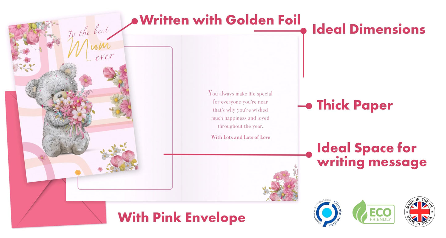 Giftinghouse A5 Foiled Mum Birthday Card with Envelope - Mothers Day Card - Luxury Mothers Day Cards for Mum from Daughter and Son - Made in UK