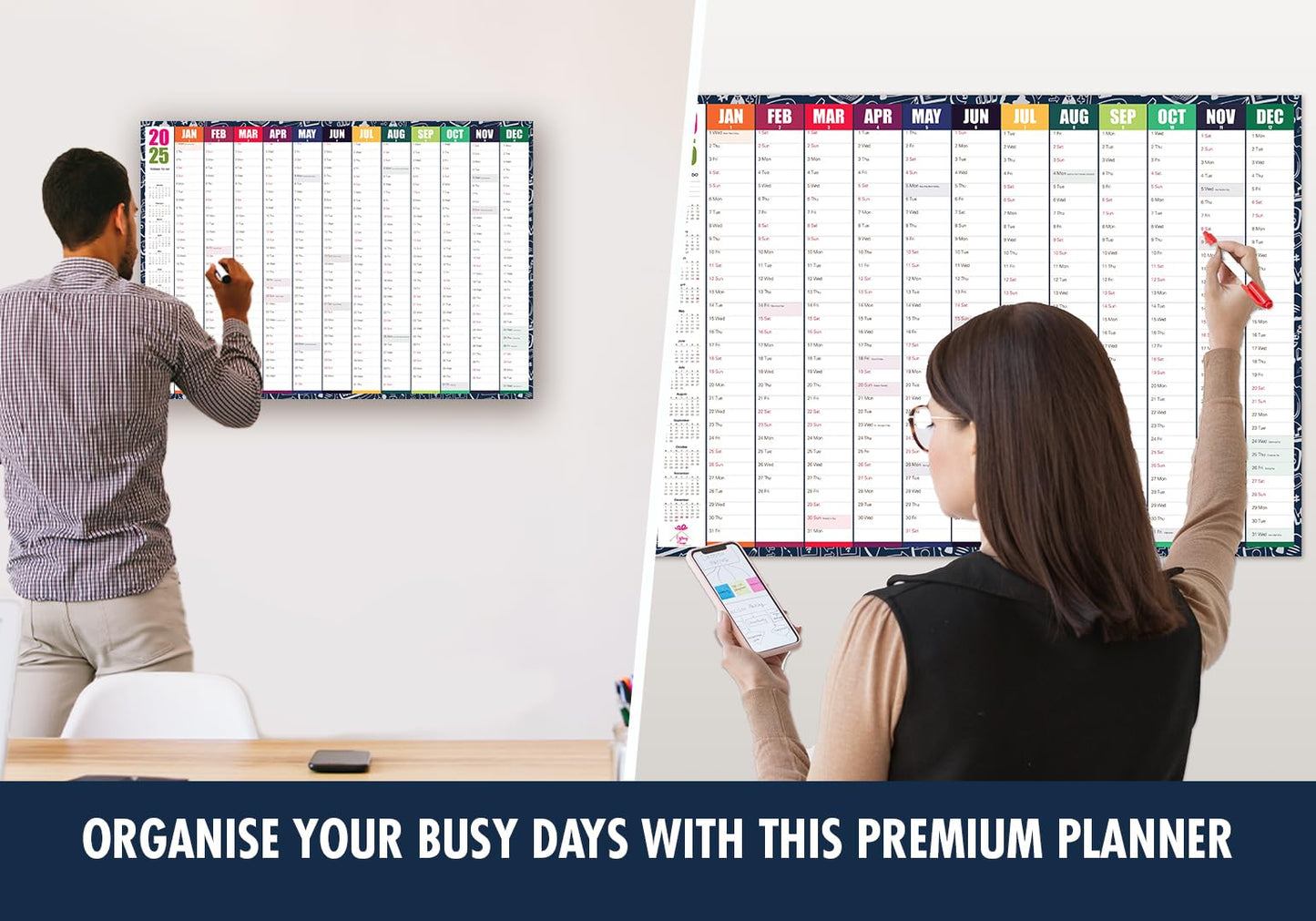 Giftinghouse 2025 Wall Planner A2 Laminated - Full Year Wall Planner 2025 UK - Wall Calendar 2025 with mount stickers for academic, office, home and school by (42 x 59.4 cm) - A2 size.