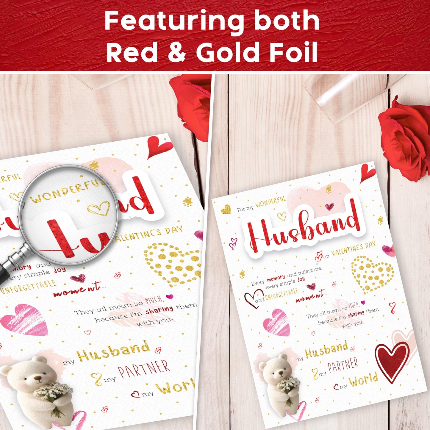 Husband Valentines Day Card with Luxury Wax Seal ā Elegant Gold and Red Foil Card "For My Wonderful Husband" ā Large 22x15.5 cm ā Valentines Card for Him - Valentines Card for Husband ā 350 GSM
