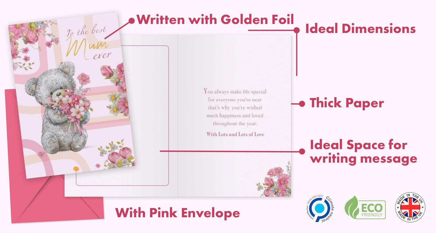 Giftinghouse A5 Foiled Mothers Day Card with Envelope - Mum Birthday Card - Luxury Mothers Day Cards for Mum from Daughter and Son - Made in UK (2 PACK)