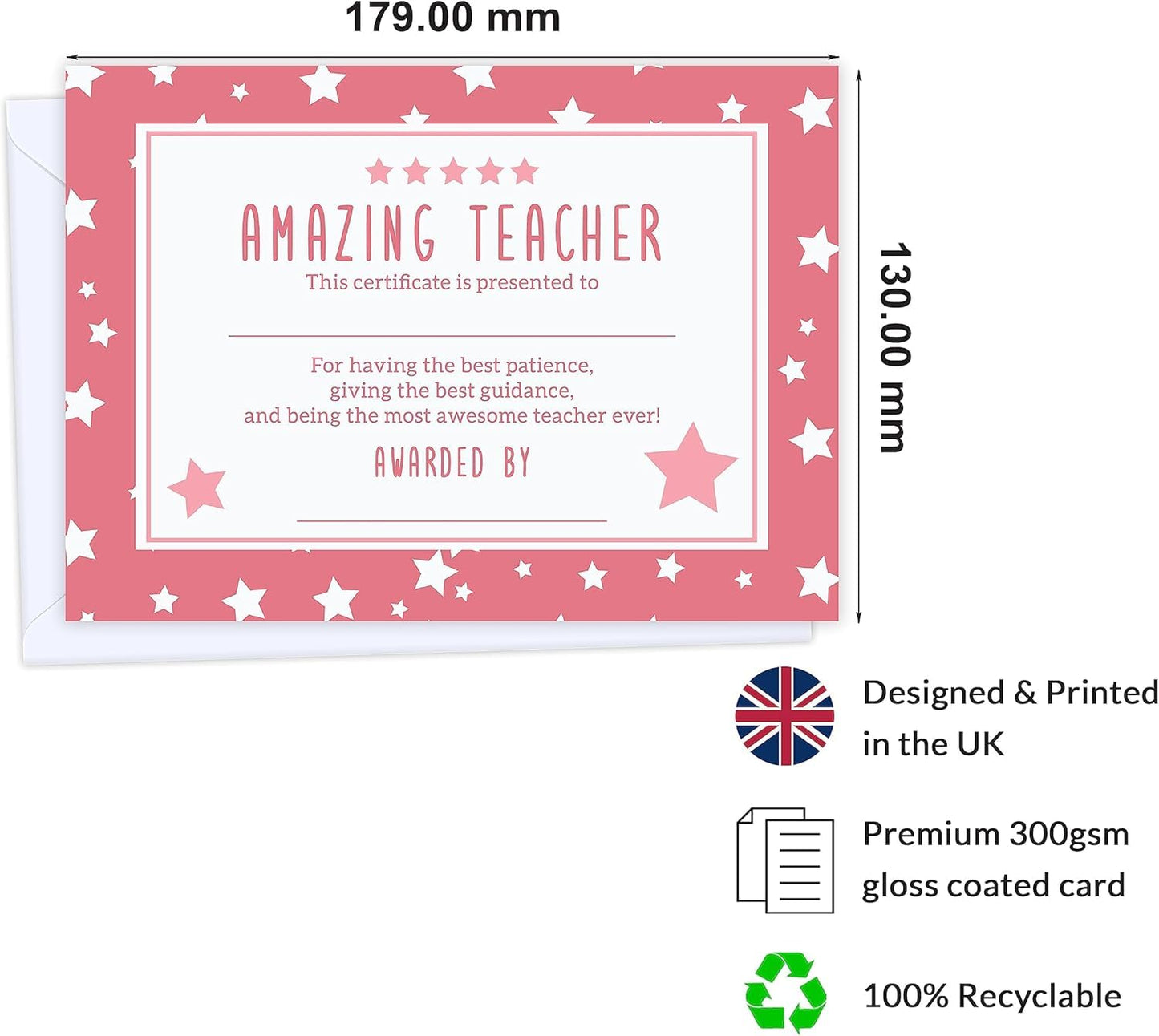 1/6 Premium Thank You Teacher Cards - Certificate for Amazing Teacher- Women Men Appreciation - Leaving Presents for Best, Nursery Teacher
