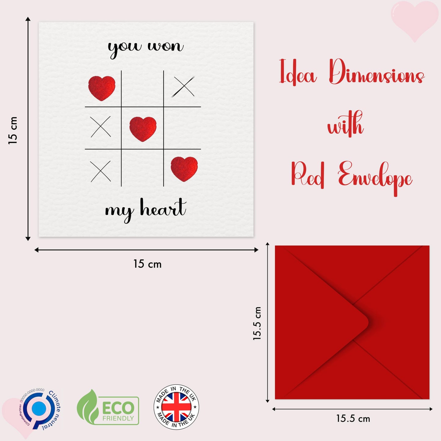 Valentines day card β You Won My Heart β Red Foil Heart Design β Eco-Friendly 150 x 150mm β Perfect Valentines Card for Him, Her, Husband, Wife, or FiancΓ© β Premium 350 GSM β Made in the UK