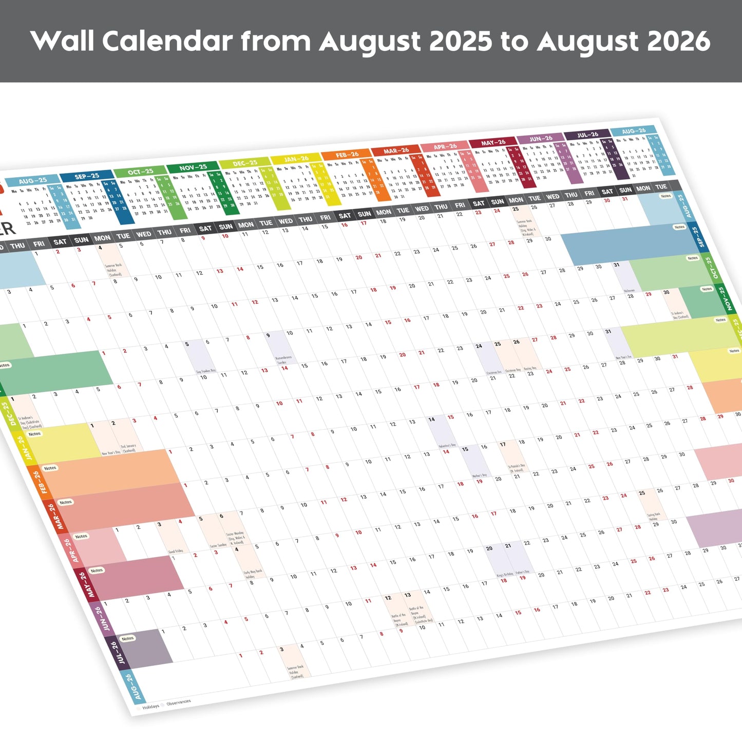 Academic Wall Planner 2025-2026 A1 Laminated – Wall Calendar from August 2025 to August 2026 – Large Size (85 x 59.4 cm) – 13 Months Mid Year Wall Planner 25/26 – Marked Holidays - Notes Space